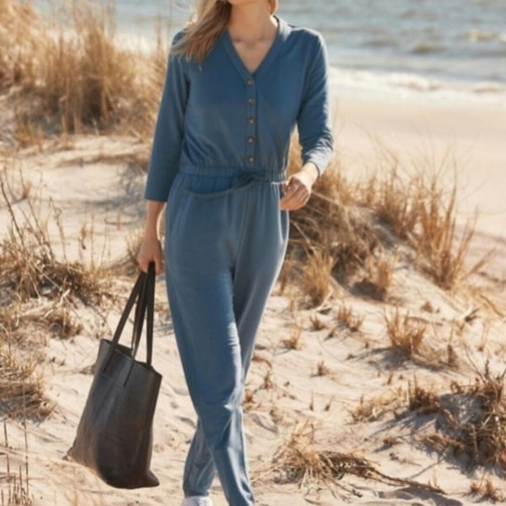 NWT Garnet Hill Blue Traverse Knit V-neck Jumpsuit